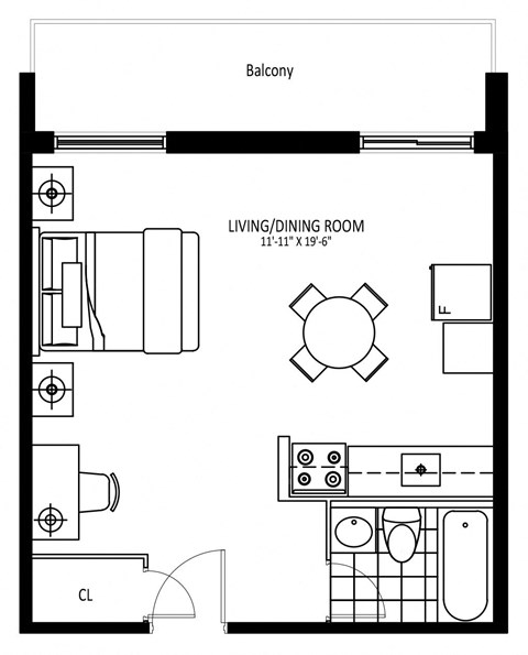 Floor plan for studio, 1 bath